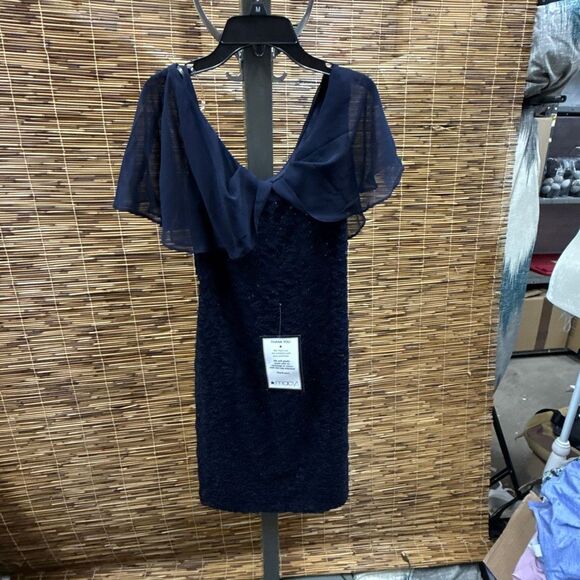 CONNECTED APPAREL Womens Navy Sequined Lace Short Sleeve V Neck Short Cocktail S - Picture 3 of 3